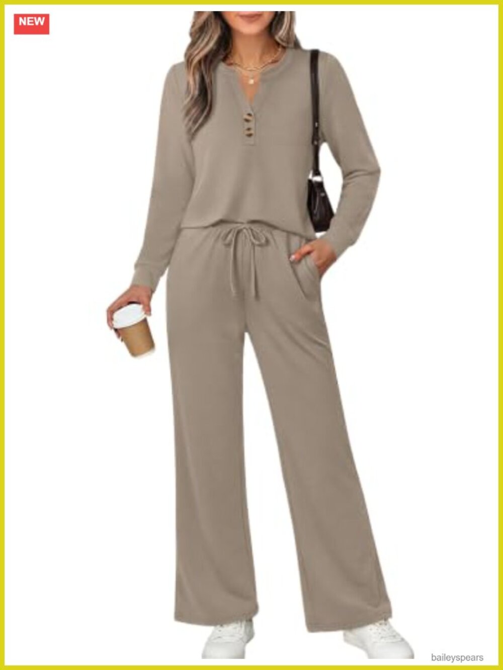 WIHOLL Two Piece Lounge Set Notched V-Neck Wide Leg Pants Travel Outfit